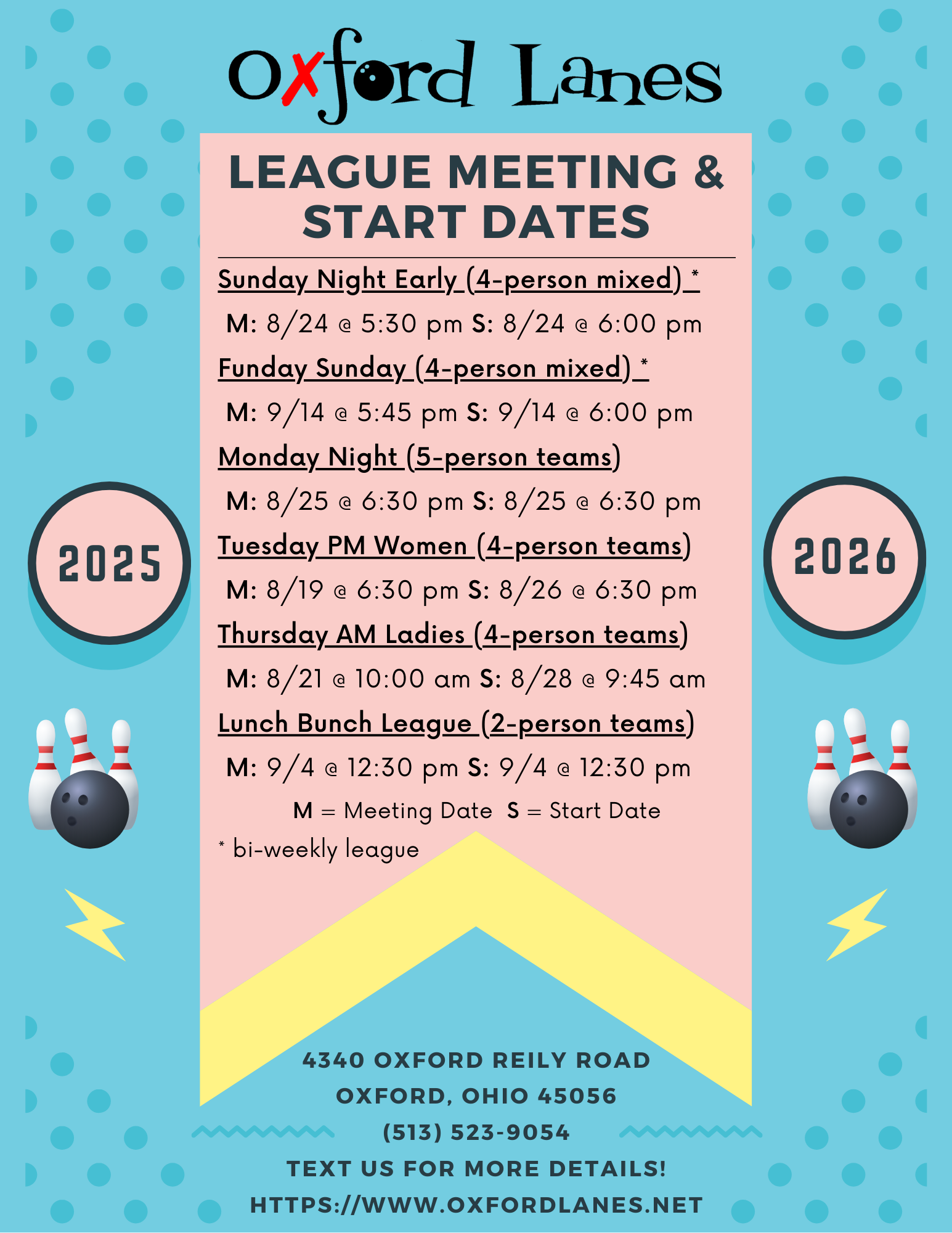 2025-2026 Oxford Lanes League Meetings and Start Dates